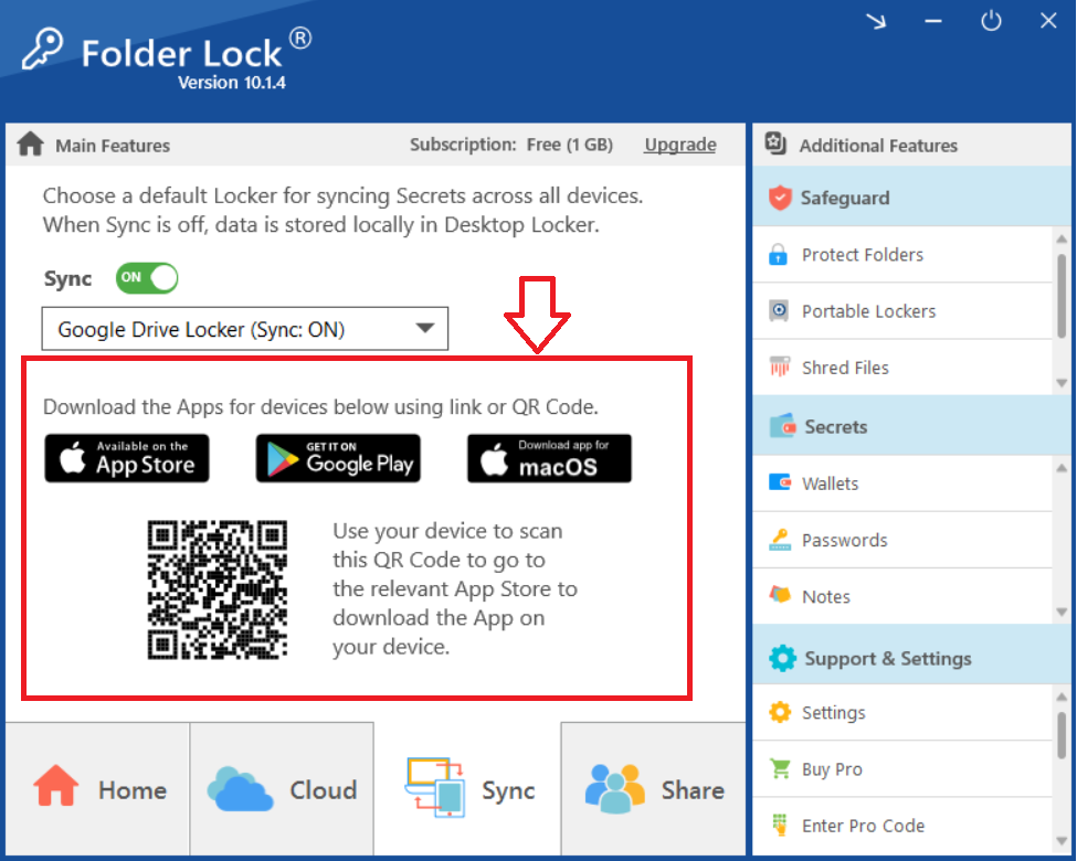 Folder Lock Sync tab, highlighting options to download mobile and macOS apps for syncing, including App Store, Google Play, and a QR code for NewSoftwares.net app download.