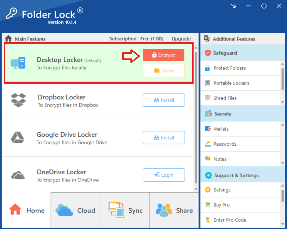 Newsoftwares Folder Lock application's main interface, with a red box highlighting the "Desktop Locker" section and an arrow pointing to the "Encrypt" button used to hide the Virtual Drive.