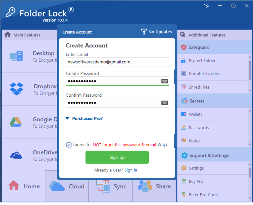 Enter Email and Strong Password Folder Lock 10