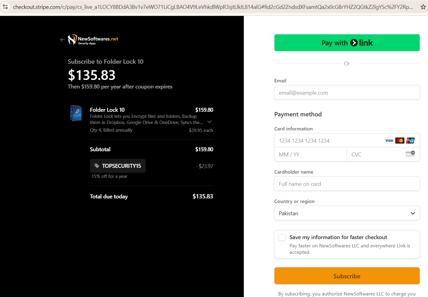 Enter your payment and billing information Folder Lock