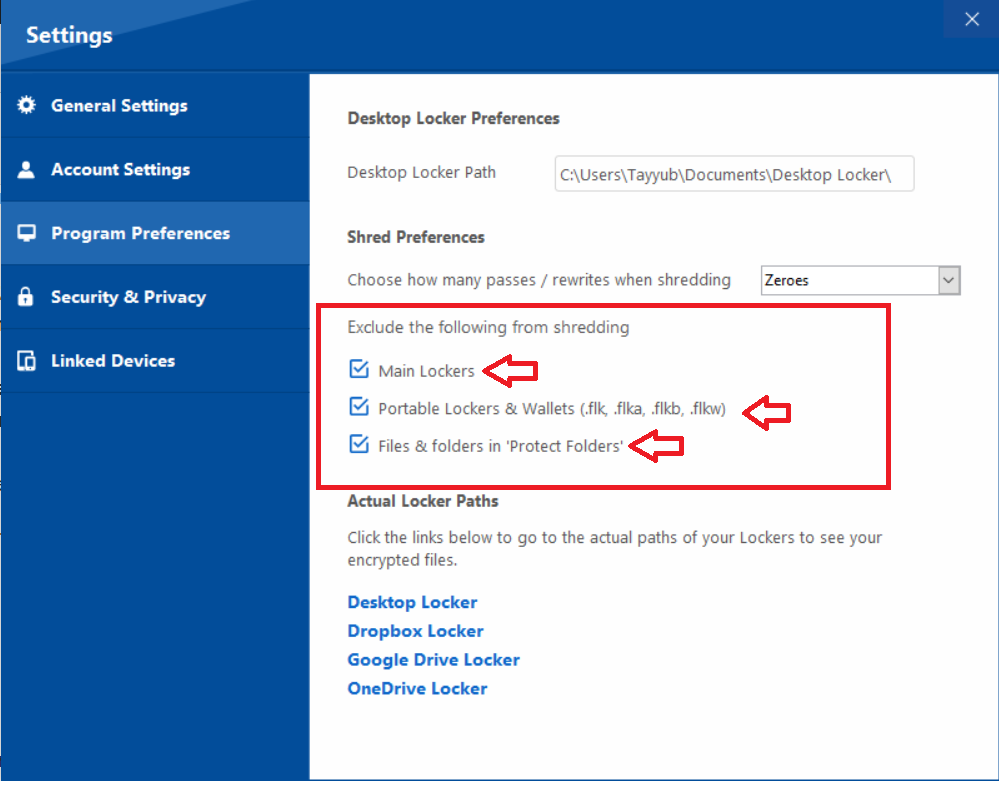 Folder Lock Program Preferences, with a red box highlighting the "Exclude the following from shredding" checkboxes for Main Lockers, Portable Lockers & Wallets, and files in 'Protect Folders'.