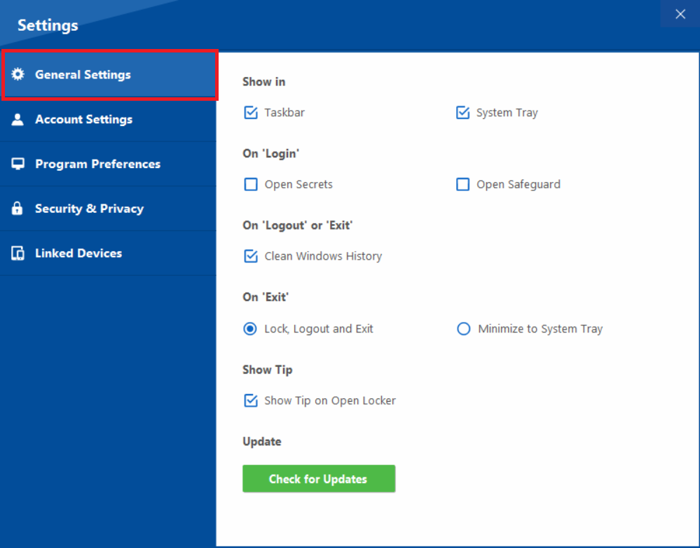 Folder Lock General Settings with "Check for Updates" button visible.