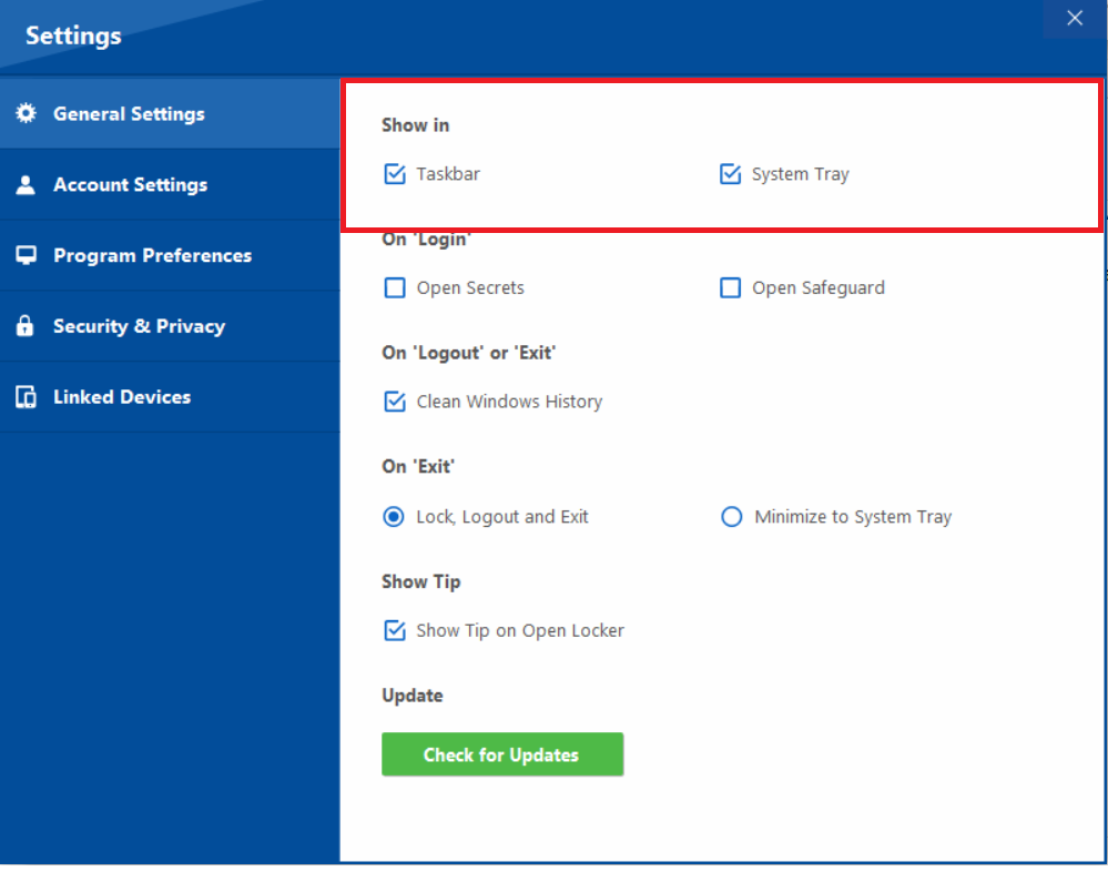 The General Settings screen in the Folder Lock application by newsoftwares.net, highlighting the options to show or hide the program icon in the Windows Taskbar and System Tray for enhanced privacy.