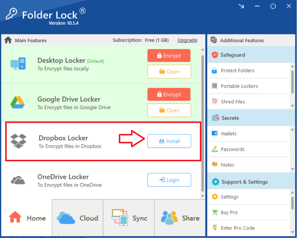 Folder Lock main screen, with a red box and arrow emphasizing the "Install" button for integrating the Dropbox Locker to encrypt files in Dropbox via NewSoftwares.net software.