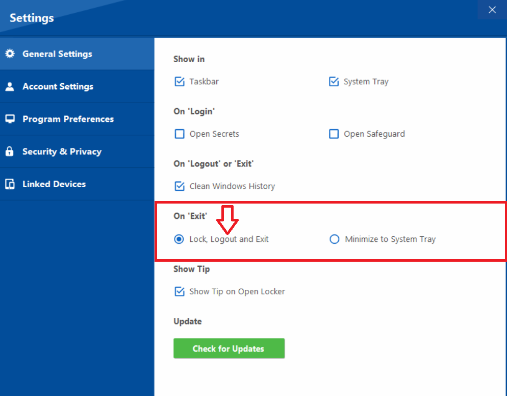 Newsoftwares.net Folder Lock application's General Settings interface, highlighting the "On 'Exit'" section where users can choose between "Lock, Logout and Exit" or "Minimize to System Tray" behavior.