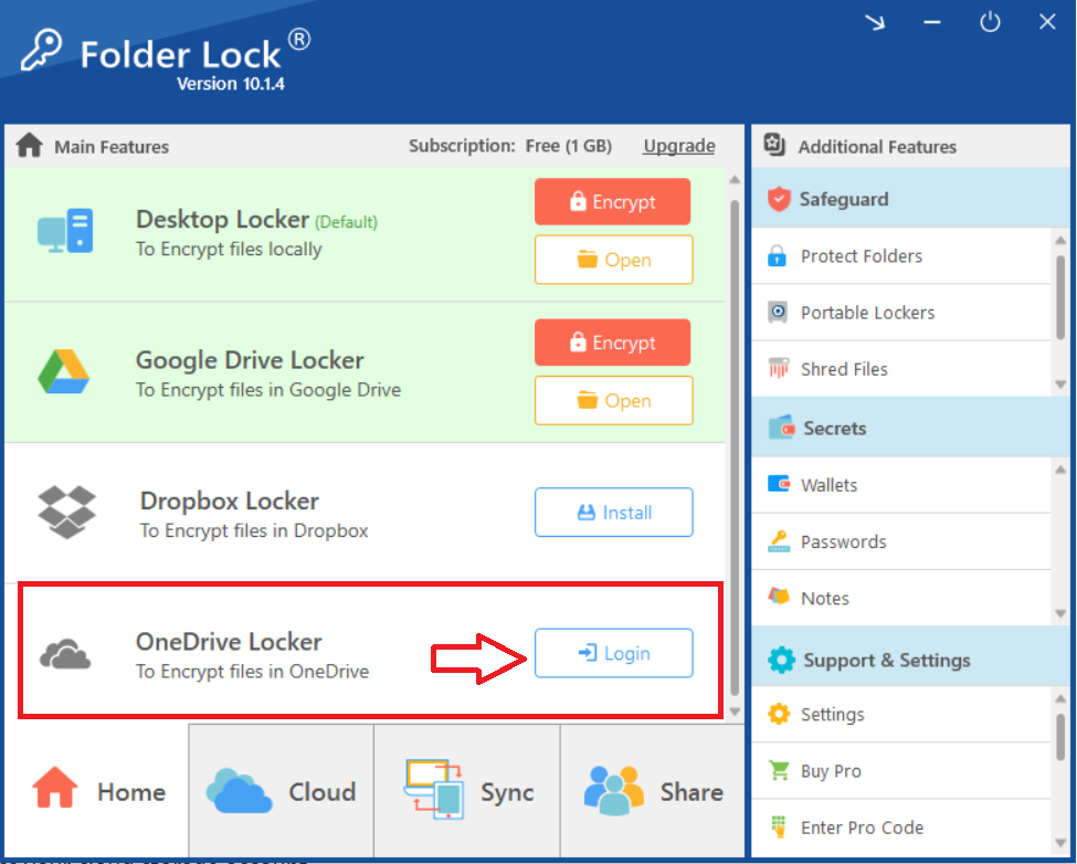 Folder Lock main interface, with a red box and arrow highlighting the "Login" button for connecting the OneDrive Locker to encrypt files in OneDrive, powered by NewSoftwares.net.