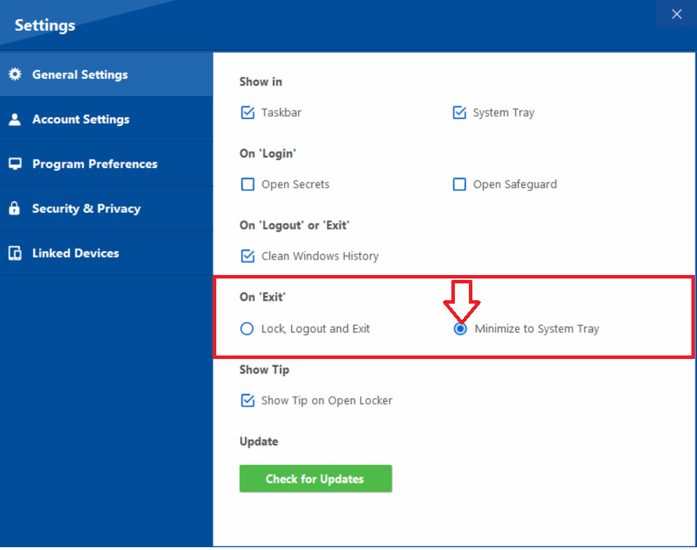 Screenshot of newsoftwares Folder Lock's General Settings, showing "Minimize to System Tray" selected with an arrow pointing to it under "On Exit