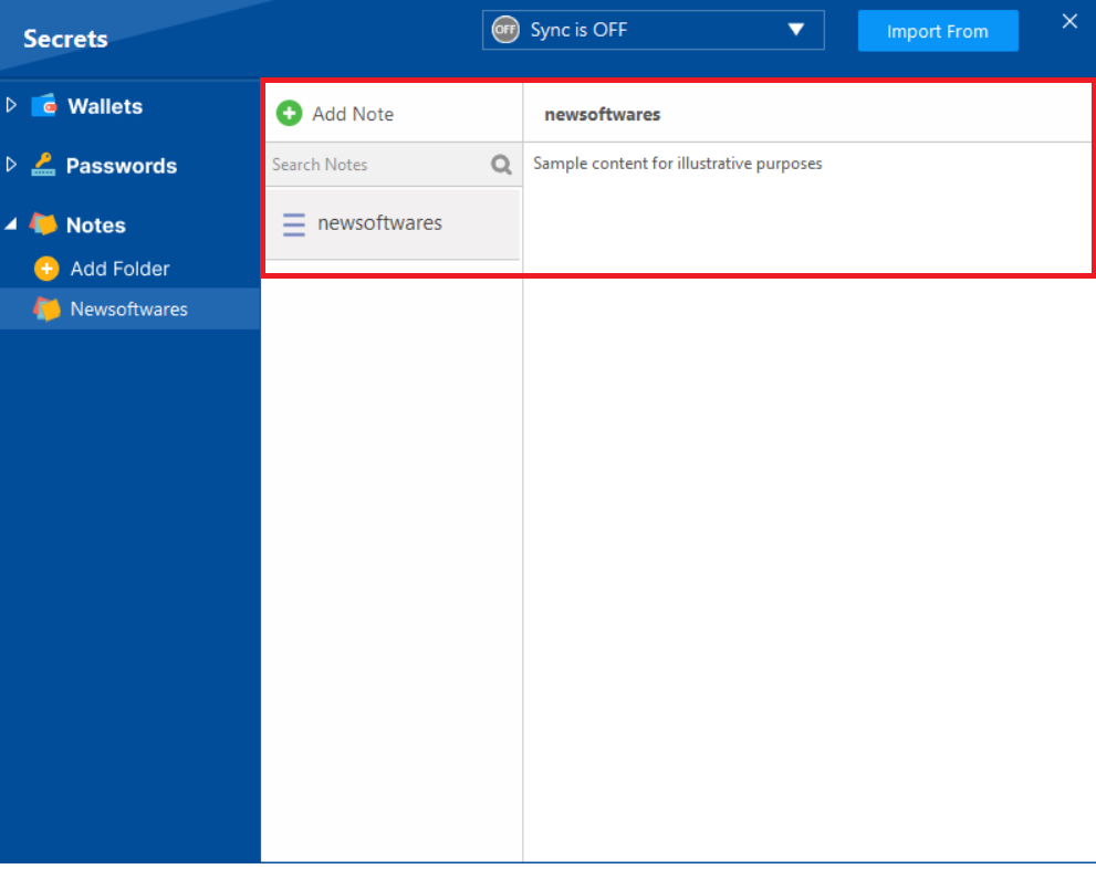 A screenshot of the "Notes" section in a secure software application. The main window shows a note titled "newsoftwares" with the content preview, "Sample content for illustrative purposes.