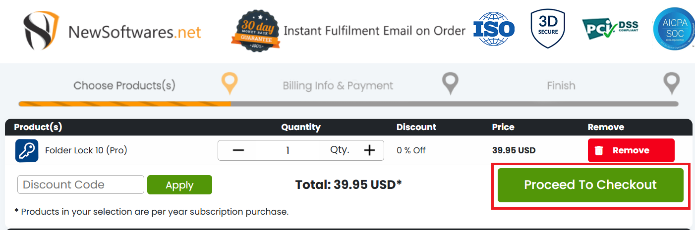 NewSoftwares.net checkout page for Folder Lock 10 Pro, showing product details and a red-highlighted "Proceed To Checkout" button to upgrade.