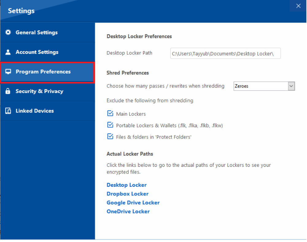 The Program Preferences tab in Folder Lock, where users can configure settings for Desktop Locker paths, file shredding intensity, and view actual locker paths.