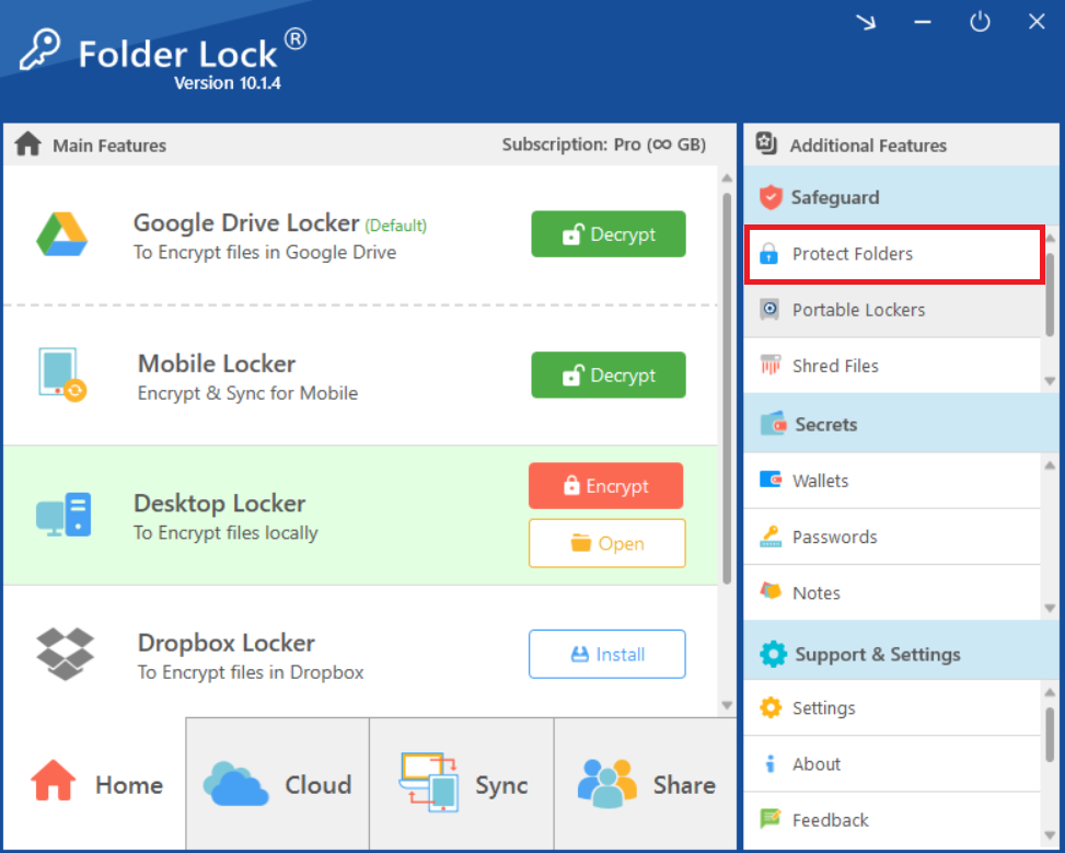 Folder Lock main screen, with a red box highlighting the "Protect Folders" option under the "Safeguard" menu in the right sidebar.