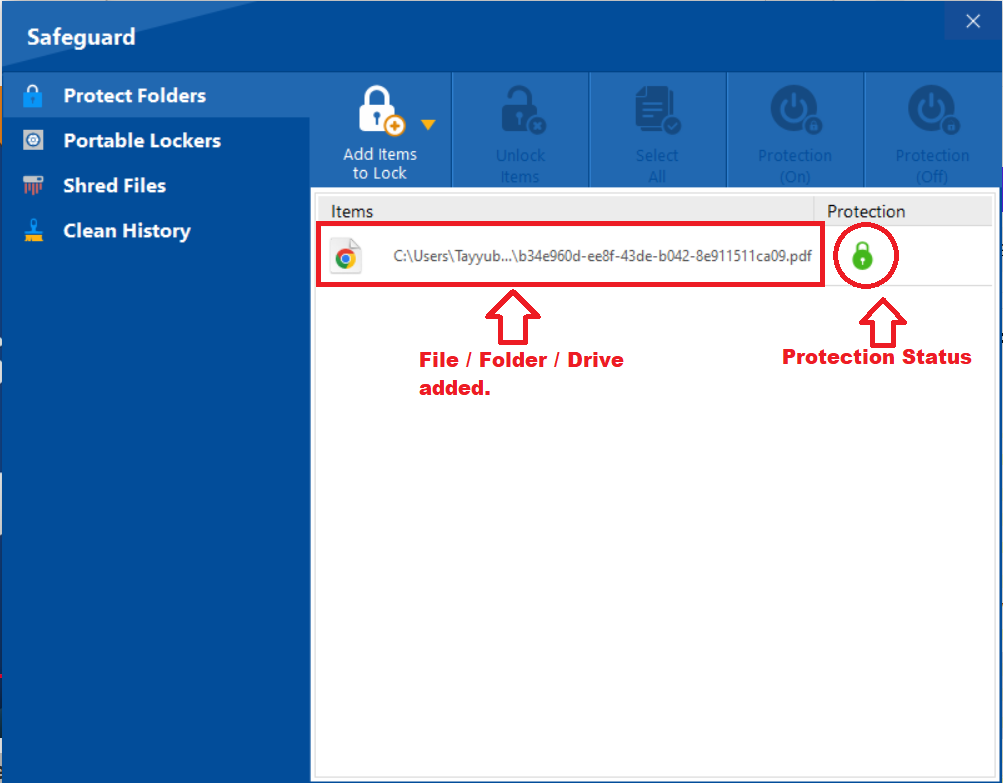 Folder Lock "Protect Folders" screen, with red arrows pointing to an added file's path and its green lock icon, indicating the item's protection status is active.
