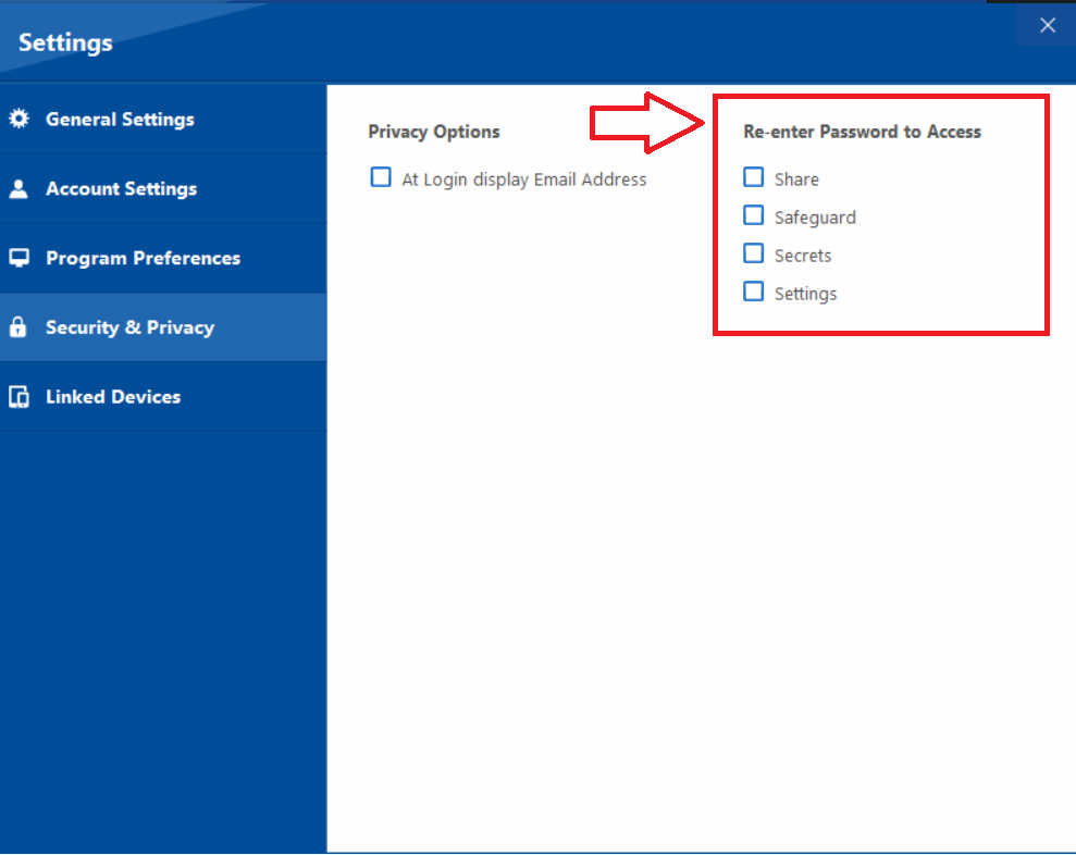 Screenshot of Newsoftwares Folder Lock application's Security & Privacy settings panel, showing the "Re-enter Password to Access" section which allows users to enable an extra password prompt for Share, Safeguard, Secrets, and Settings.