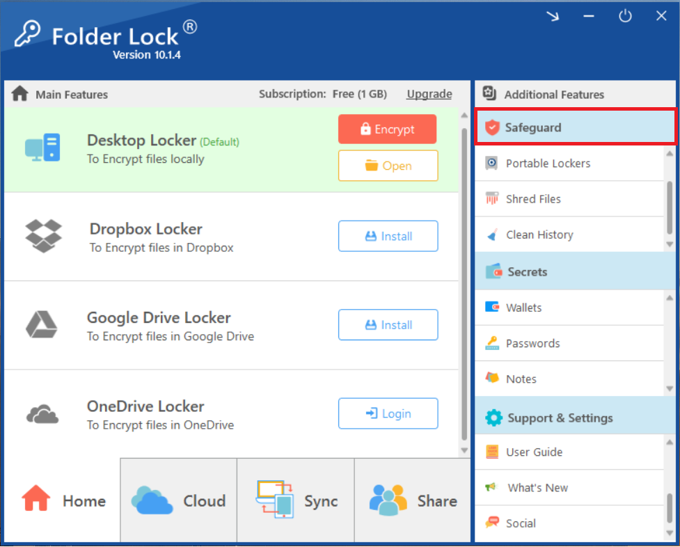 The main window of Folder Lock with the 'Safeguard' tab highlighted in the Additional Features menu.