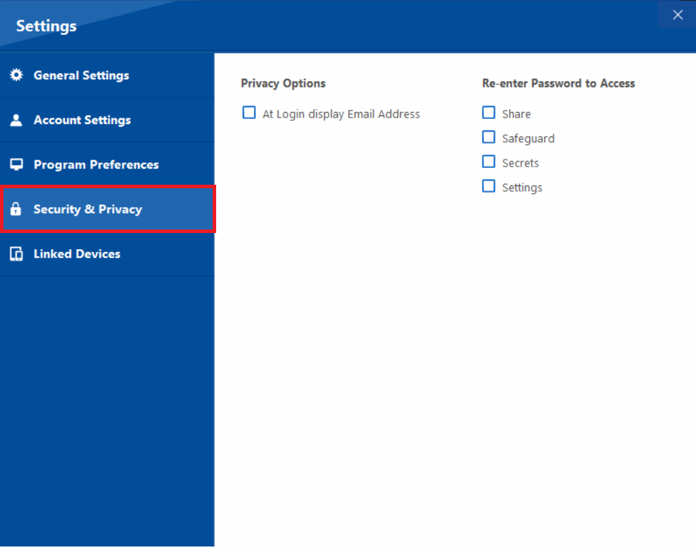 The Security & Privacy tab in Folder Lock, which provides options to require password re-entry for accessing specific features like Safeguard, Secrets, and Settings.