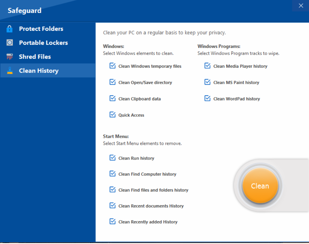 The 'Clean History' screen in Folder Lock, showing the various categories of Windows and program history that can be selected for cleaning.