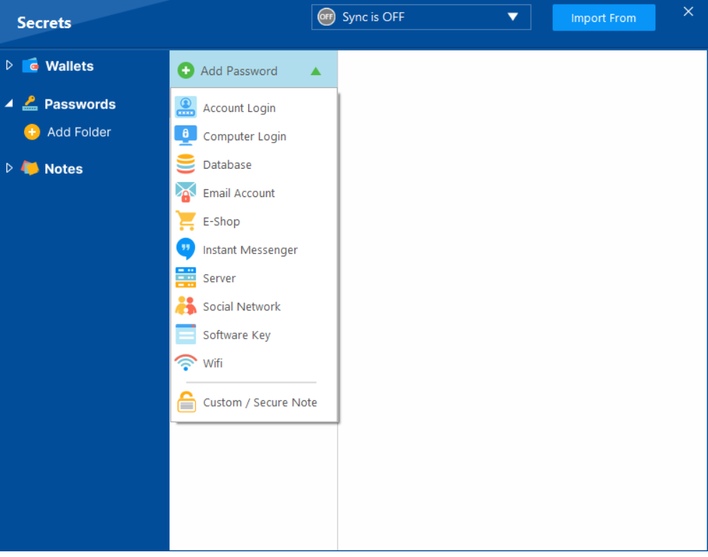The dropdown menu in Folder Lock's password manager, showing various pre-defined templates for storing different types of passwords like Account Login, Email, and Wifi.