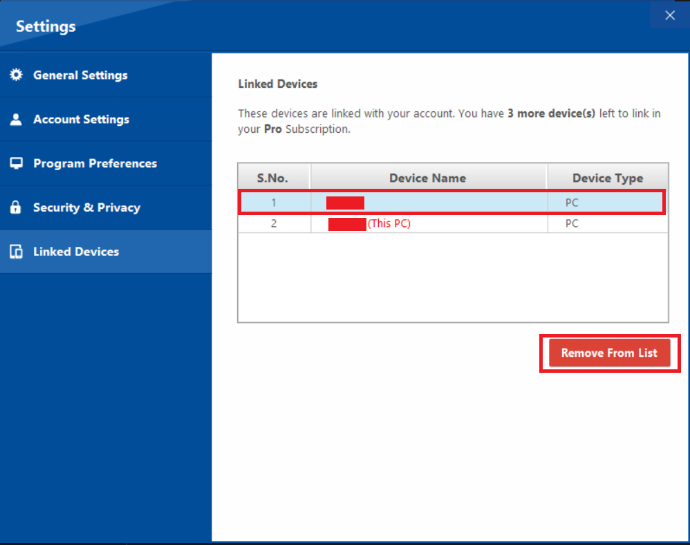 Select the linked device to remove Folder Lock