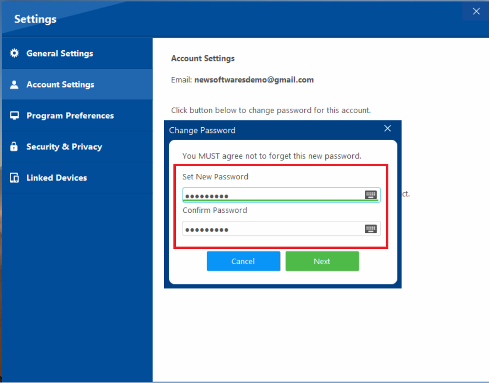 Entering and confirming the new password in the designated fields within the Folder Lock 'Change Password' dialog box.