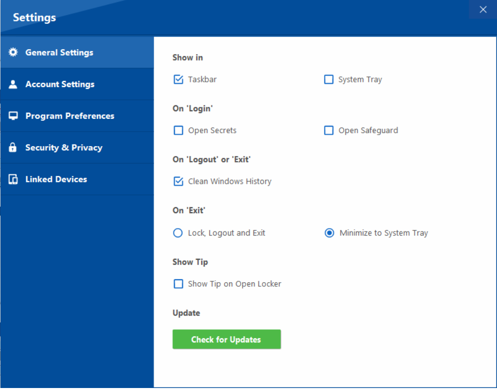 Settings screen displaying all settings Folder Lock