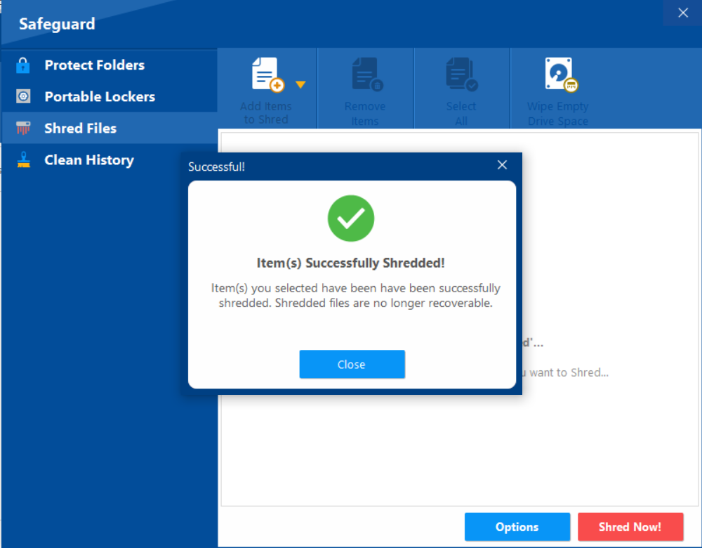 Folder Lock "Safeguard" section, showing a "Successful!" pop-up with a green checkmark, confirming that item(s) have been successfully shredded, indicating secure deletion.