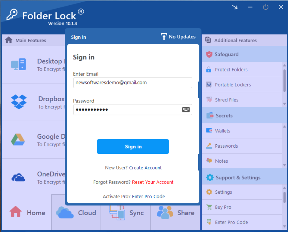 Screenshot of NewSoftwares.net Folder Lock login window, displaying email input and password field.