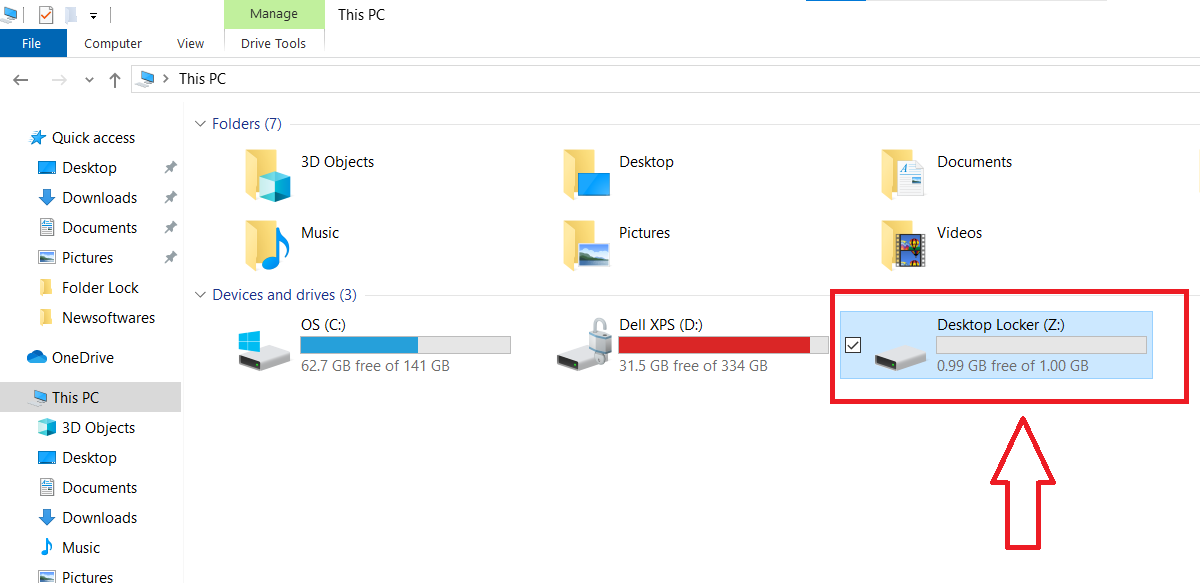 Windows File Explorer displaying "This PC," with a red box and arrow highlighting the "Desktop Locker (Z:)" virtual drive created by Folder Lock for encrypted files.