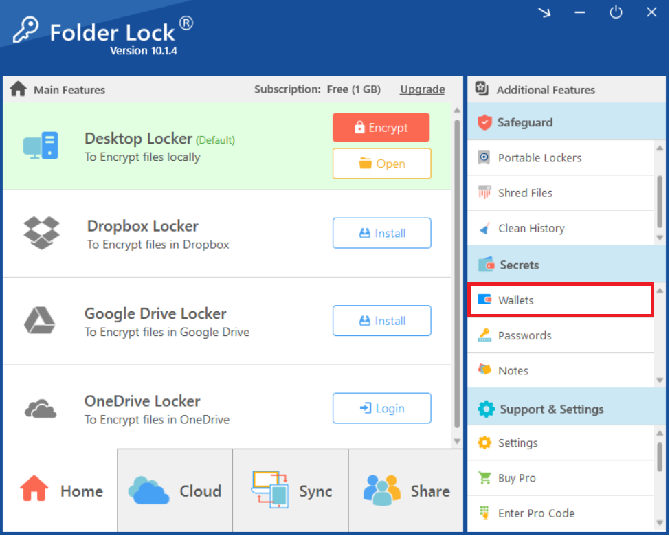 Accessing the secure 'Wallets' feature, which is highlighted under the Secrets menu in Folder Lock.