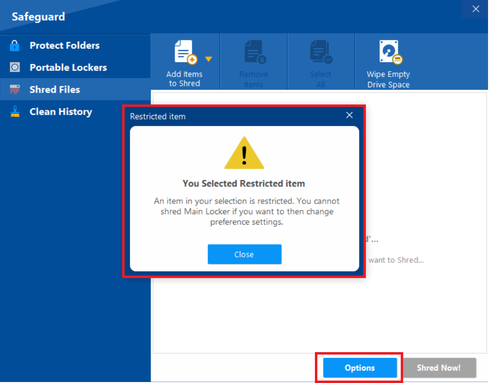Folder Lock "Safeguard" tab, displaying a "Restricted item" warning pop-up over the shredding interface, with the "Options" and "Shred Now!" buttons highlighted at the bottom.