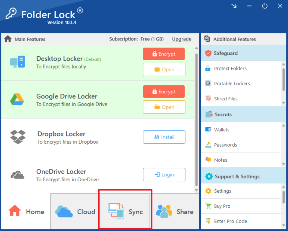 Folder Lock main interface, with a red box highlighting the "Sync" tab at the bottom, indicating the entry point for NewSoftwares.net's synchronization features.