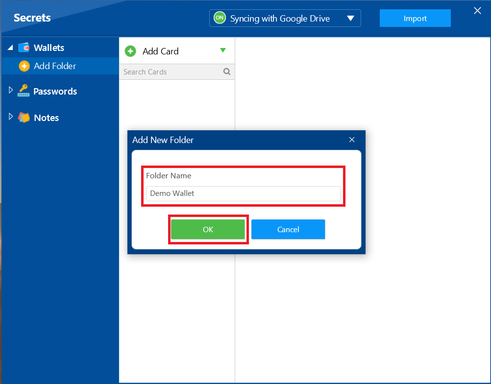 A pop-up dialog box in Folder Lock, with a red box highlighting the "Folder Name" field and the "OK" button to create a new wallet folder.