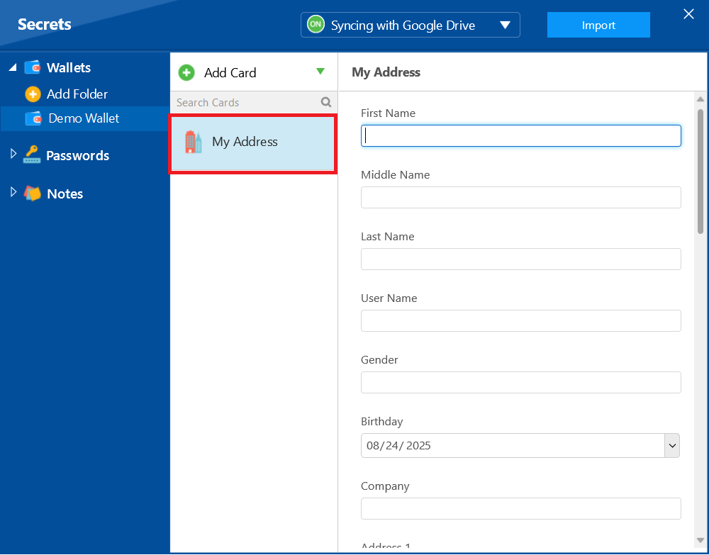 A screenshot of the Folder Lock "Secrets" menu, with a new "My Address" card created and highlighted under the "Demo Wallet" folder.