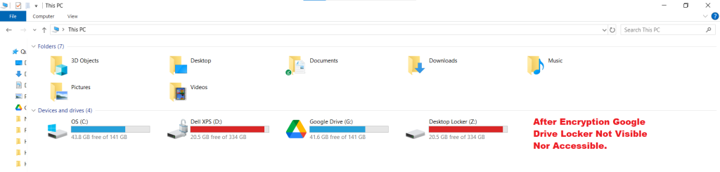 A screenshot of the Windows File Explorer "This PC" view after encrypting the Google Drive Locker, with text noting that the drive is no longer visible or accessible.
