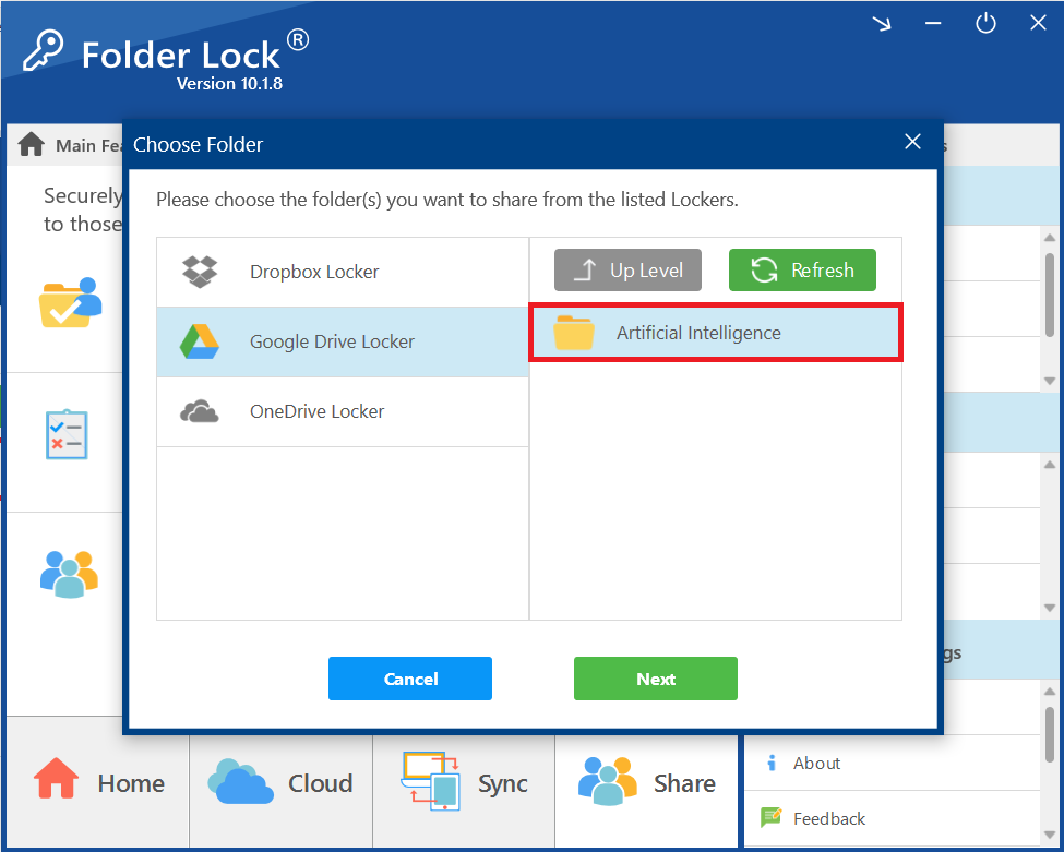 A screenshot of the "Choose Folder" dialog, with a red box highlighting the "Artificial Intelligence" folder inside the Google Drive Locker, which is the specific item being selected to share.
