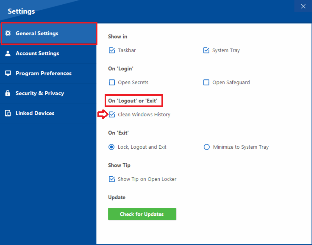 Check box On Logout or Exit General Settings Folder Lock 10