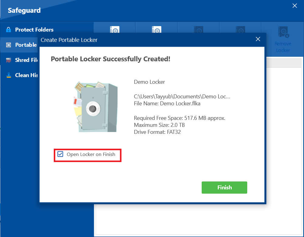 A screenshot of the "Portable Locker Successfully Created!" confirmation dialog in Folder Lock, with a red box highlighting the "Open Locker on Finish" checkbox.