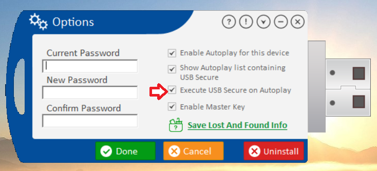 USB Secure 'Options' menu, with the 'Execute USB Secure on Autoplay' checkbox checked.