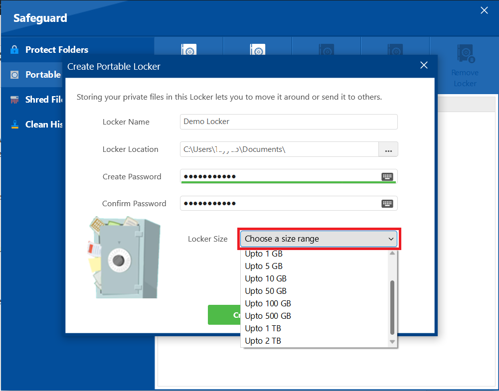 A screenshot of the "Create Portable Locker" dialog in Folder Lock, with a dropdown menu highlighted, showing various size options for the locker from 1 GB to 2 TB.