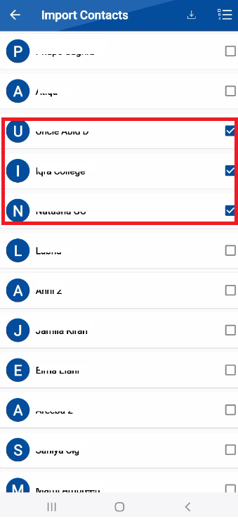 A screenshot from the Folder Lock app's contact selection screen, showing a list of contacts from the user's phone. A red box highlights three selected contacts, ready to be imported.