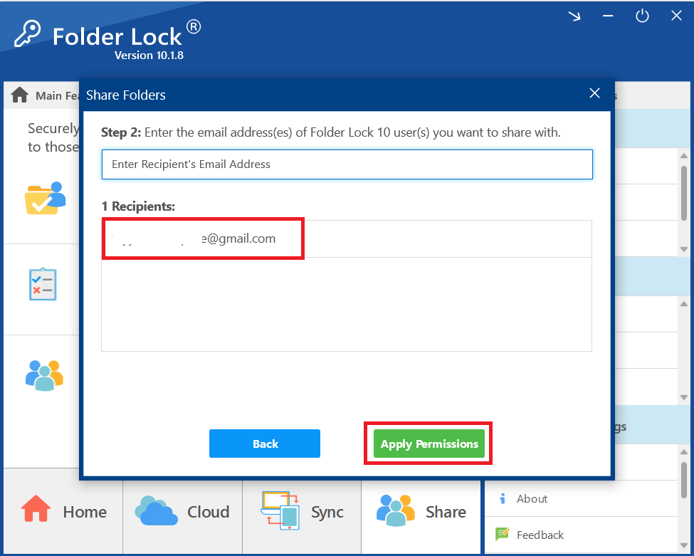 A screenshot of the "Share Folders" dialog, with a recipient added and a red box highlighting the green "Apply Permissions" button.