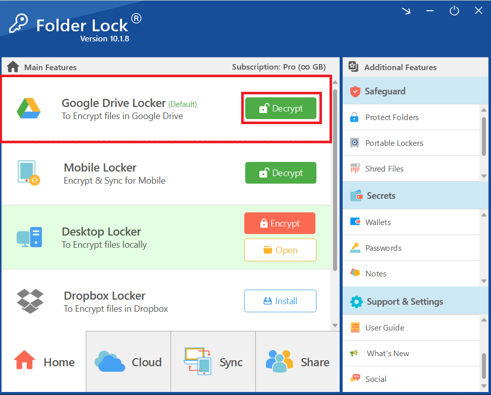 A screenshot of the Folder Lock home interface, with a red box highlighting the "Google Drive Locker" section and an arrow pointing to the green "Decrypt" button.