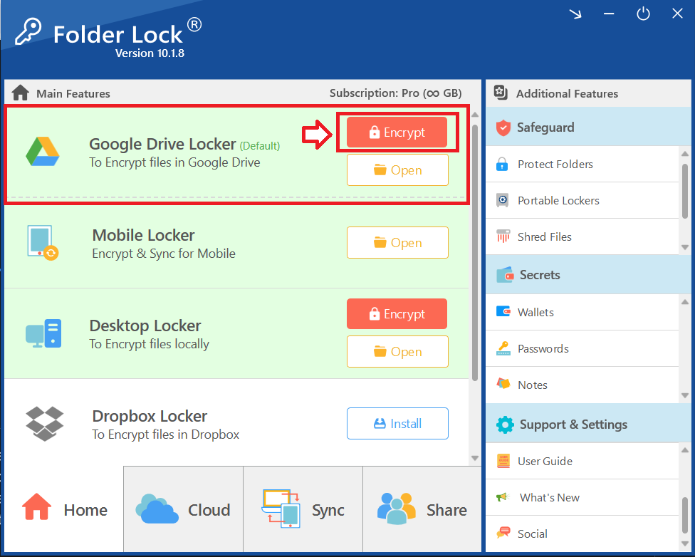 A screenshot of the Folder Lock home interface, with a red box highlighting the "Google Drive Locker" section and a red arrow pointing to the "Encrypt" button.