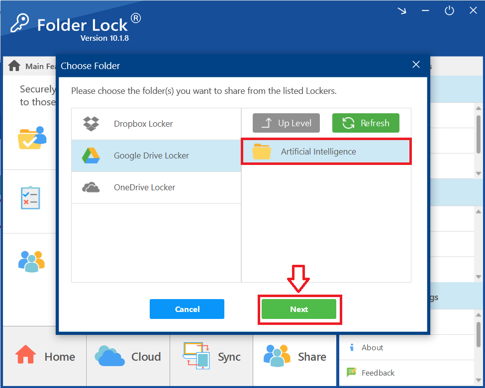 A screenshot of the "Choose Folder" dialog, with red boxes highlighting the selected folder and the "Next" button, which is clicked to proceed with sharing.
