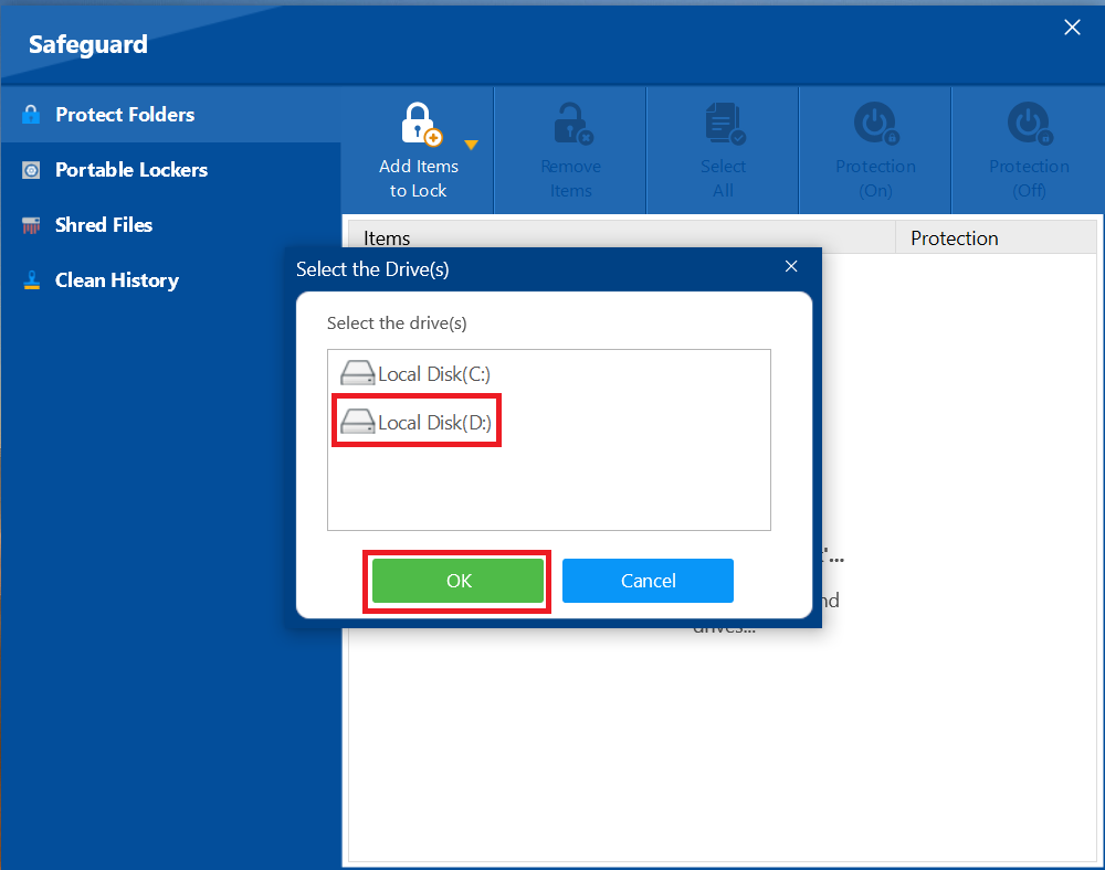 A pop-up dialog in Folder Lock showing a list of drives. A red box highlights "Local Disk (D:)" and the green "OK" button, which is clicked to protect the selected drive.