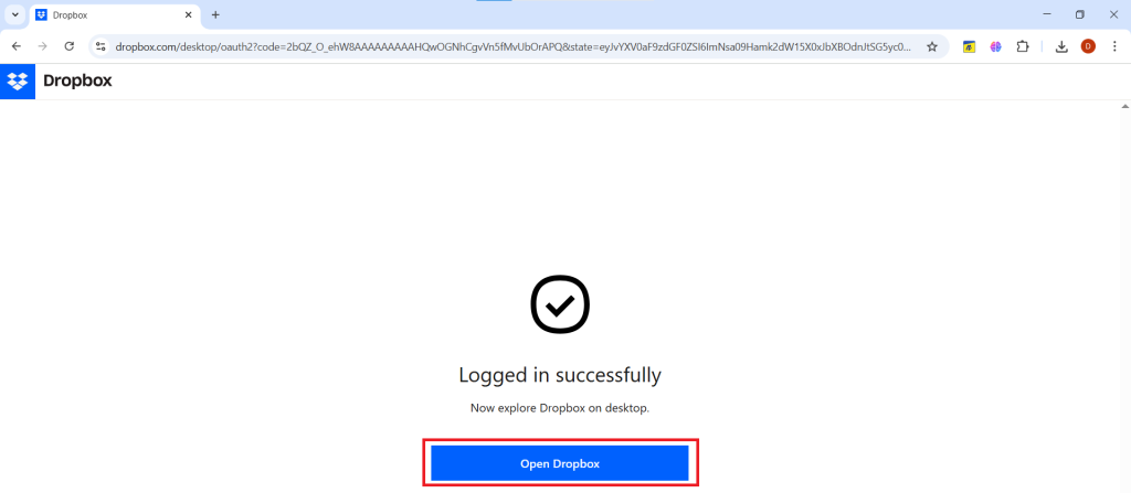  screenshot of a Dropbox webpage confirming a successful login, with a red box highlighting the "Open Dropbox" button.
