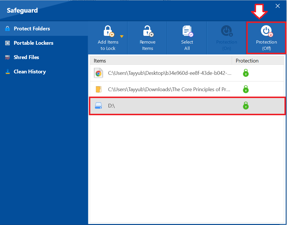 Click Protection toglgle to Off to unprotect Folder Lock