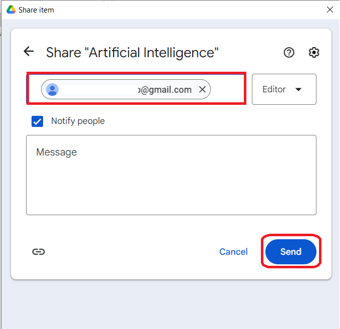A screenshot of the Google Drive "Share item" dialog, with a recipient's email entered and a red box highlighting the blue "Send" button to share the folder.