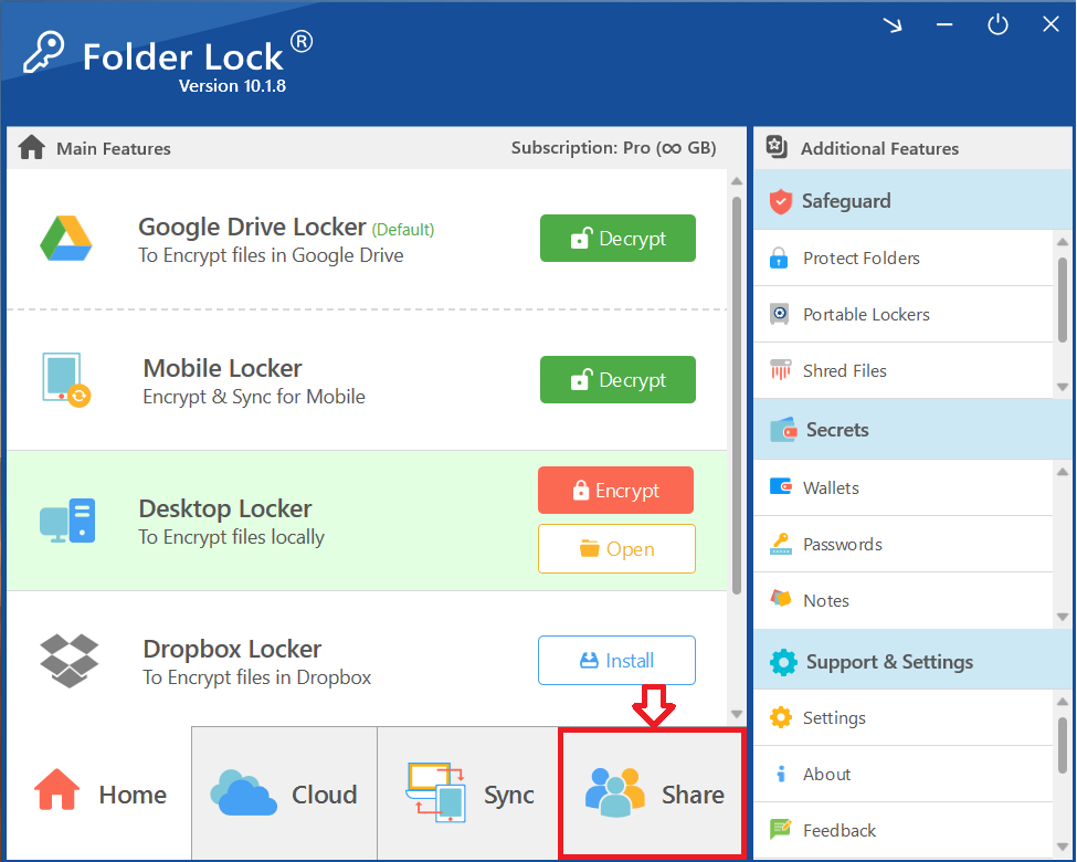  A screenshot of the Folder Lock main interface, with a red box highlighting the "Share" tab at the bottom,