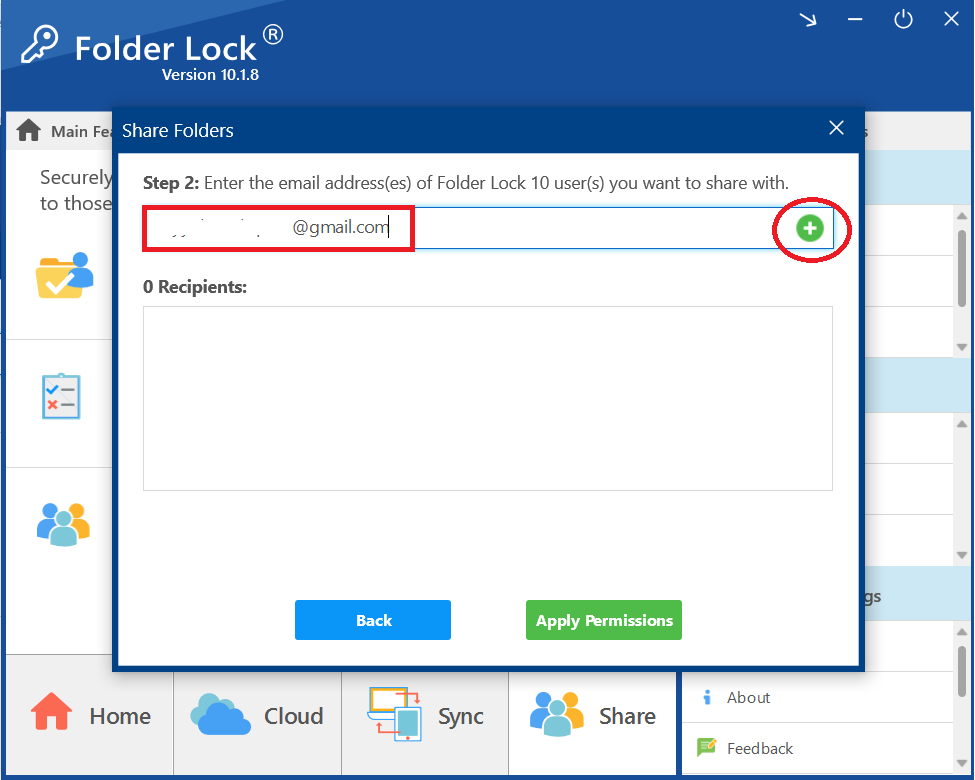 A screenshot of the "Share Folders" dialog, with a red circle highlighting the green plus (+) button to add a recipient's email address.