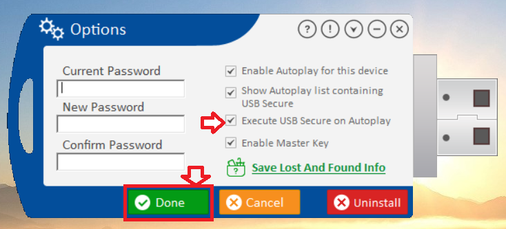 USB Secure 'Options' menu, with the green 'Done' button highlighted to save changes.